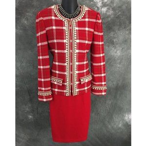 BEAUTIFUL St John collection knit red white fringe skirt suit size 6